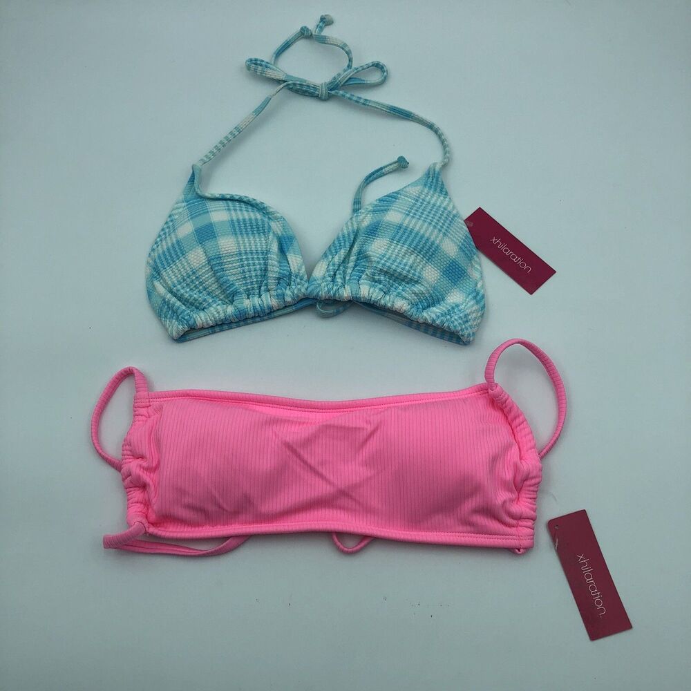 2x Xhilaration Womens Bikini Top Large Blue Ribbed Padded Juniors L 8-10